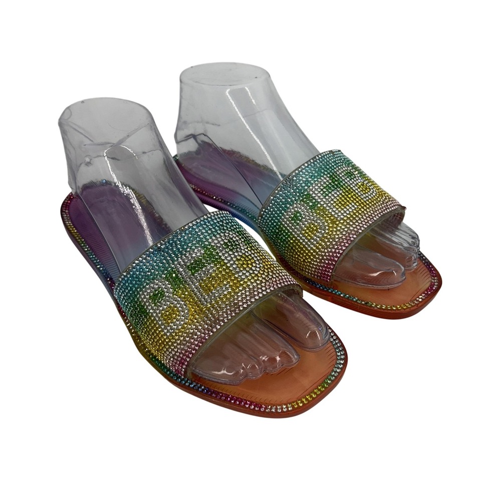 Bebe Shoes Womens Size 6 Rainbow Rhinestone Slide Sandals‎ Jelly Glitter